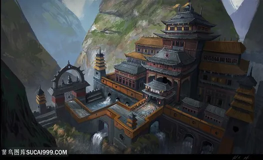 中国风CG原画绘画山上的建筑物图片 中国风CG原画绘画山上的建筑物图片
