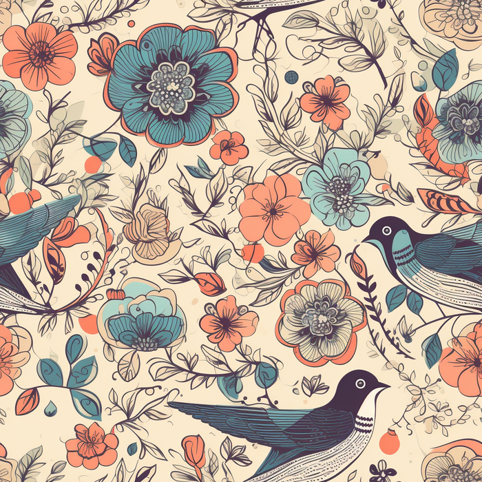 花鸟图，插画风格，无缝贴图，素材