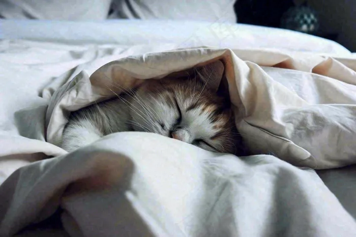 被窝里睡觉的猫猫，可爱的动物摄影图(1344x896)