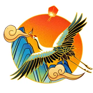 中国风国潮仙鹤山水插画手绘元素场景PSD设计素材