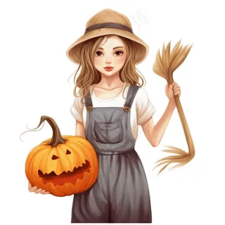 万圣节女孩南瓜灯搞怪插画免抠