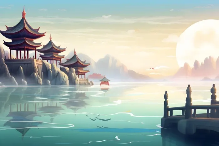 国潮中国山水建筑温馨插画背景(3600x2400)