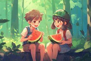 夏日卡通插画儿童吃西瓜动漫风背景