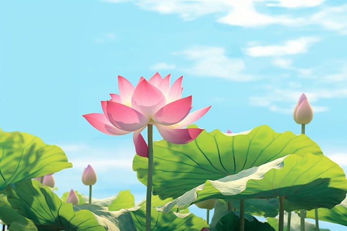 清新阳光荷花荷叶天空白云背景(1344x896)