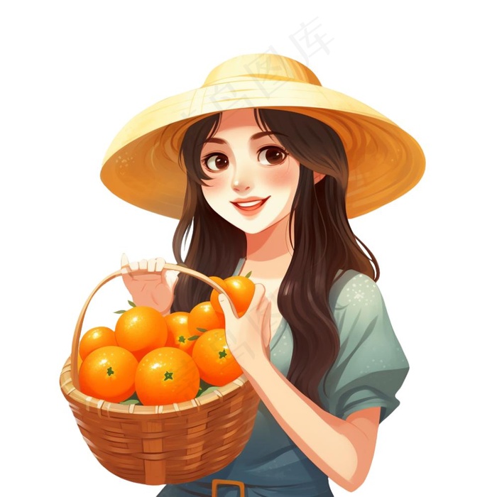 抱着一篮橘子的少女卡通插画免抠(1024x1024)