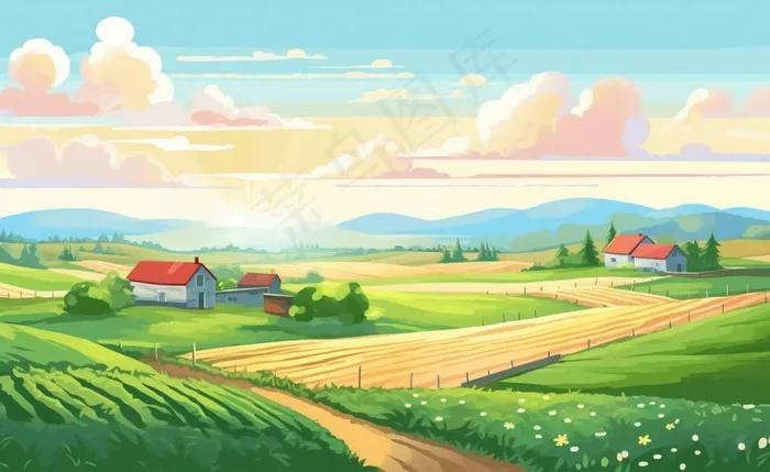 乡村村庄美丽风景河流插画农田插画背景(1408x864)