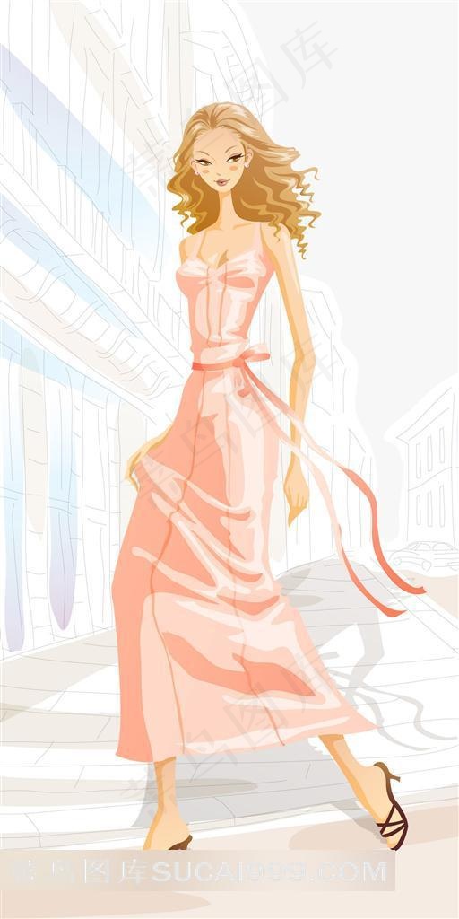 穿裙子的都市女孩插画