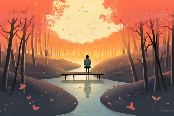 秋末男孩坐着树下木椅上夕阳西下卡通插画素材背景