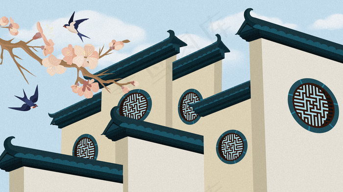 古风建筑插画psd模版下载