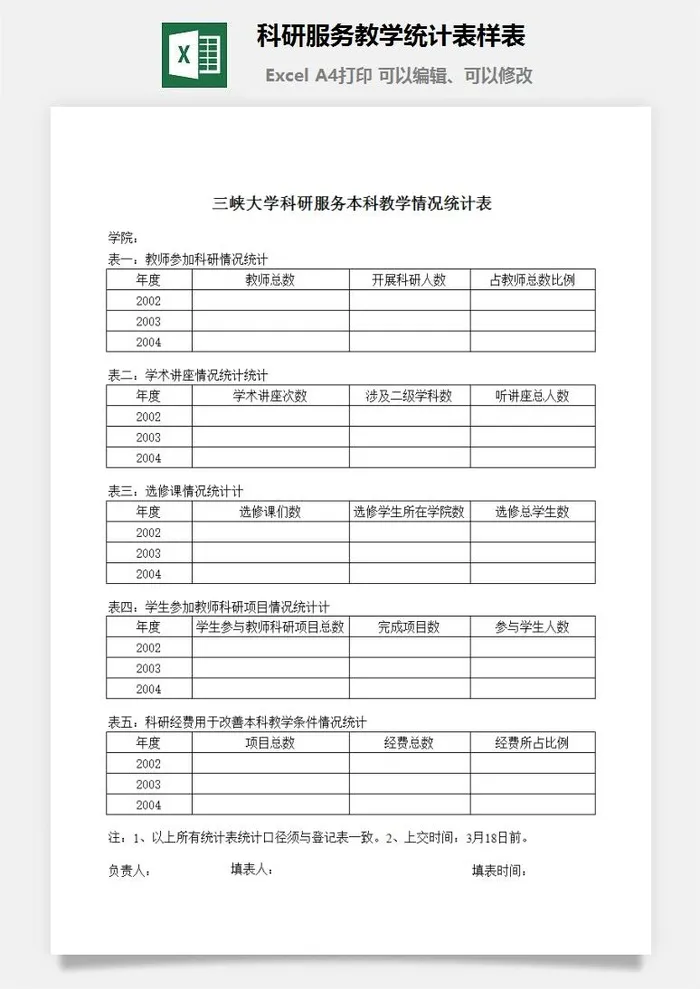 科研服务教学统计表样表excel模板 科研服务教学统计表样表excel模板