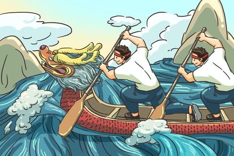 国潮风中国传统节日端午节赛龙舟粽子场景插画海报PSD设计素材