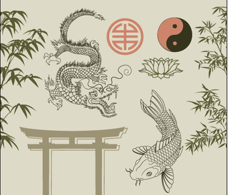 手绘龙鲤鱼竹子素材