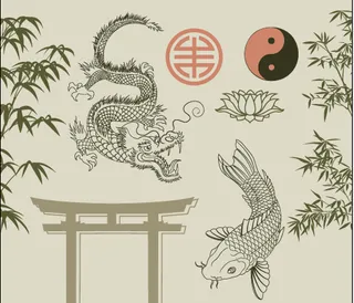 手绘龙鲤鱼竹子素材