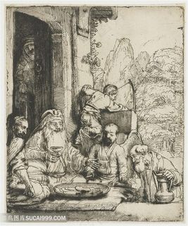 伦勃朗素描线稿老者聚餐闲聊装饰画