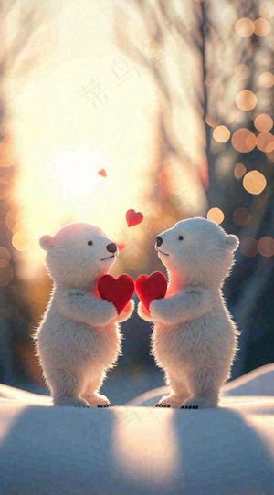 冬天雪地可爱小熊爱情情侣温馨，情人节520爱心摄影图