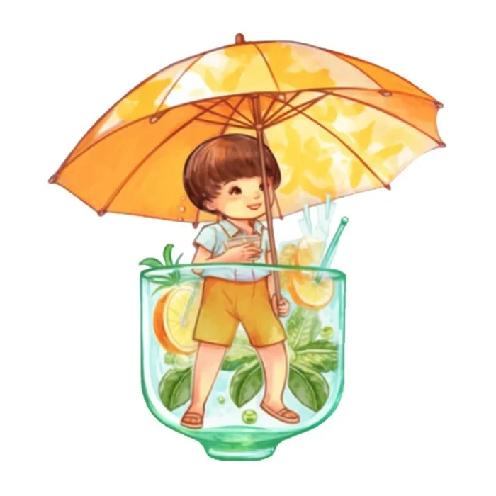 遮阳伞下坐着饮料里的人孩子免抠(1024x1024)