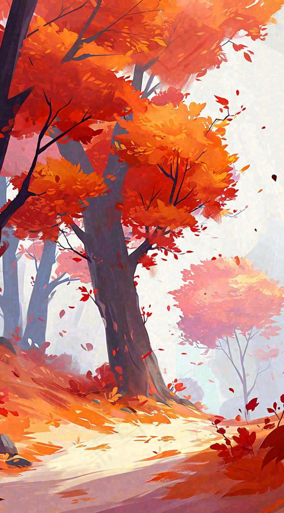 秋天红色秋叶树落叶温馨自然风景，立秋手绘插画(816x1472)