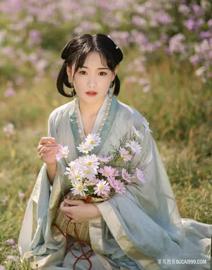 户外草丛上的古装写真美女图片