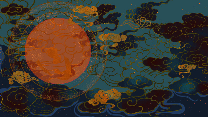 国潮中国风复古敦煌岩彩山水祥云插画烫金肌理背景PSD设计素材