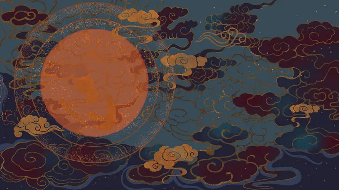 国潮中国风复古敦煌岩彩山水祥云插画烫金肌理背景PSD设计素材psd模版下载