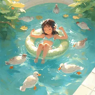 泳池游泳戏水池塘鸭子动物玩乐，阳光夏天暑期