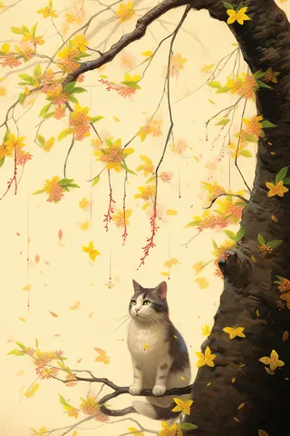 猫咪爬到树上玩耍树枝开出黄色花朵卡通插画素材