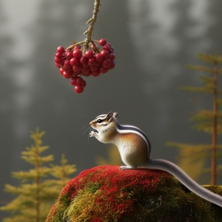 松鼠动物在森林里觅食红色果实摄影图