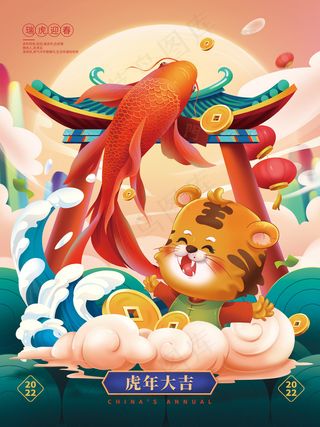 手绘国潮2022虎年大吉海报