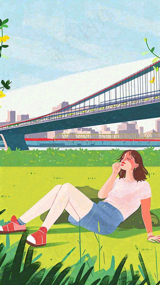 城市阳光蓝天白云人物在草地风景手绘插画，休闲(816x1456)