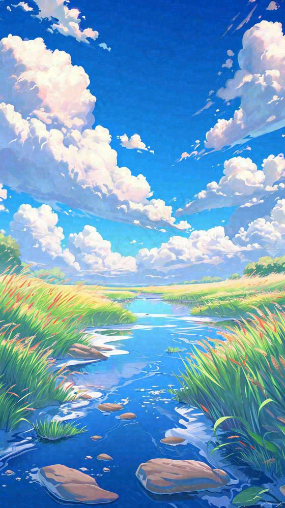 蓝天白云草地溪流春天阳光灿烂的日子春分春风，插画手绘(816x1456)