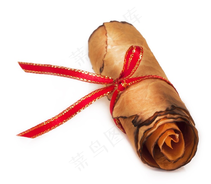 放在牛皮卷轴上的红色蝴蝶结特写高清摄影素材图片