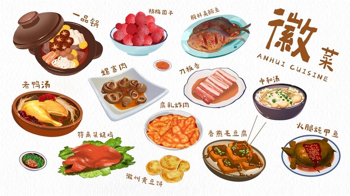 美食插画安徽菜美食炖鸡烧鸭煲仔饭面汤