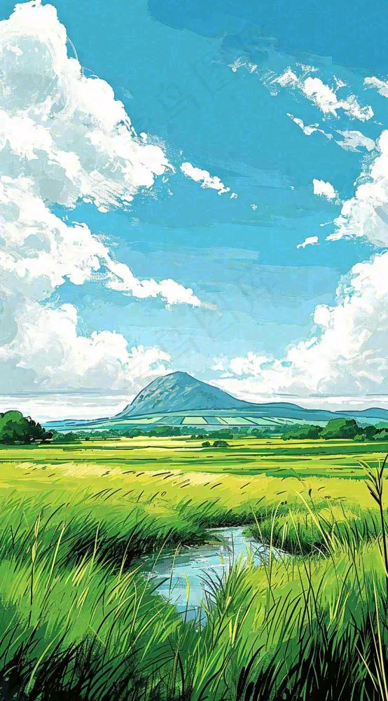 春天阳光灿烂远处的高山和田野春意盎然手绘卡通画(816x1472)