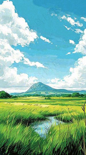 春天阳光灿烂远处的高山和田野春意盎然手绘卡通画