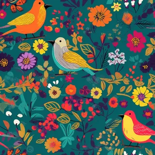 花鸟图，插画风格，无缝贴图，素材