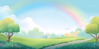 春天蓝天白云彩虹树林草坪手绘插画风景海报素材背景