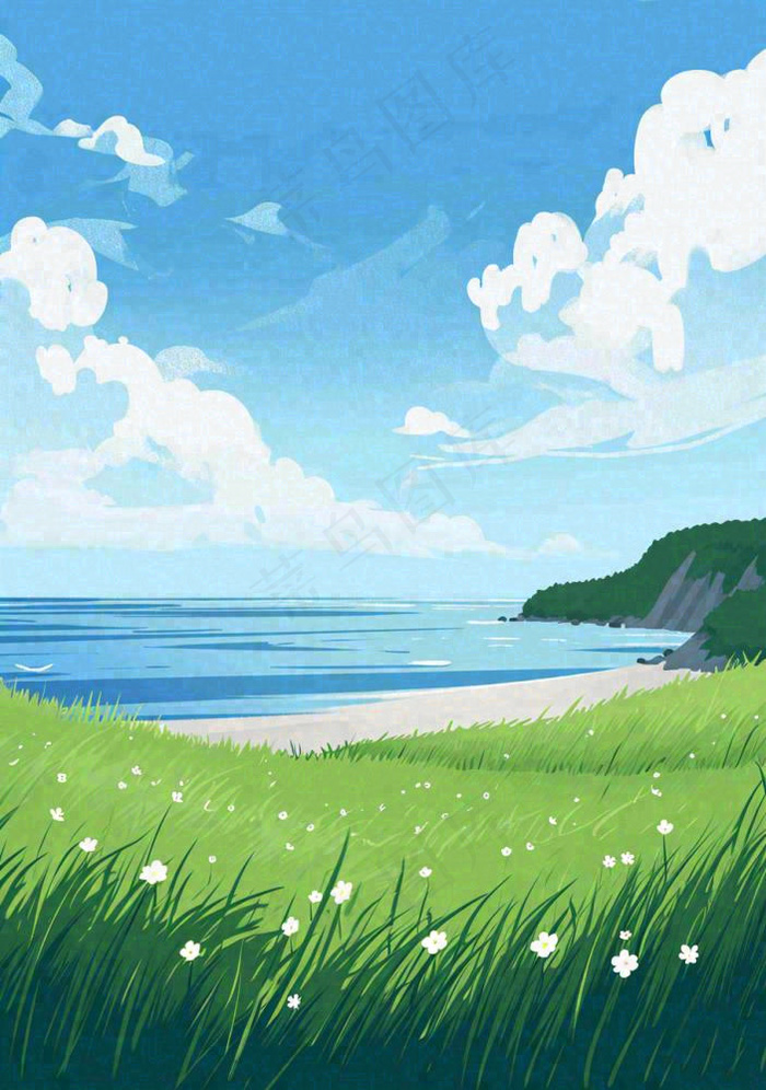 海边蓝天白云草地小花，春天清新海景