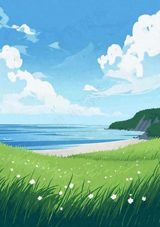 海边蓝天白云草地小花，春天清新海景