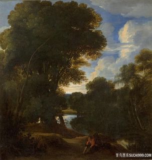 唯美河流树林风景画油画图片