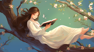 少女女孩穿着白色裙子躺着树干看书树枝盛开的花朵卡通插画