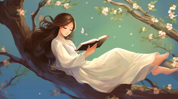 少女女孩穿着白色裙子躺着树干看书树枝盛开的花朵卡通插画 少女女孩穿着白色裙子躺着树干看书树枝盛开的花朵卡通插画