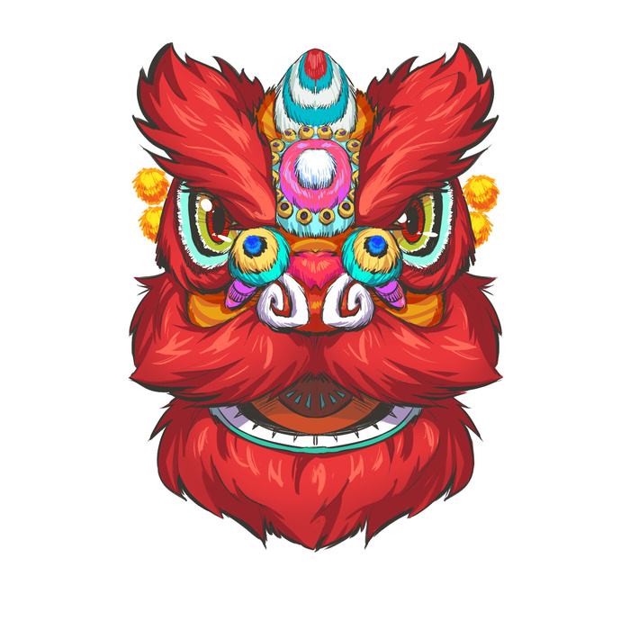 新年春节虎年元宵手绘人物舞狮卡通狮子头插画元素PSD设计素材