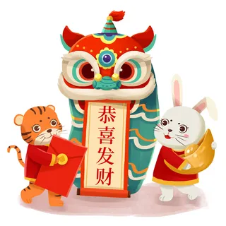 新年春节虎年元宵手绘人物舞狮卡通狮子头插画元素PSD设计素材