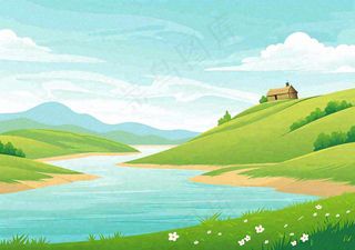 春日旅行草坪草丛花朵河流小溪野外郊游插画，春分