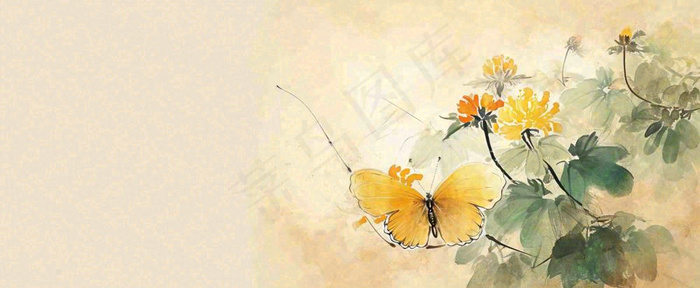 温馨纹理橙色花朵鲜花蝴蝶意境唯美，中国风(1712x704)
