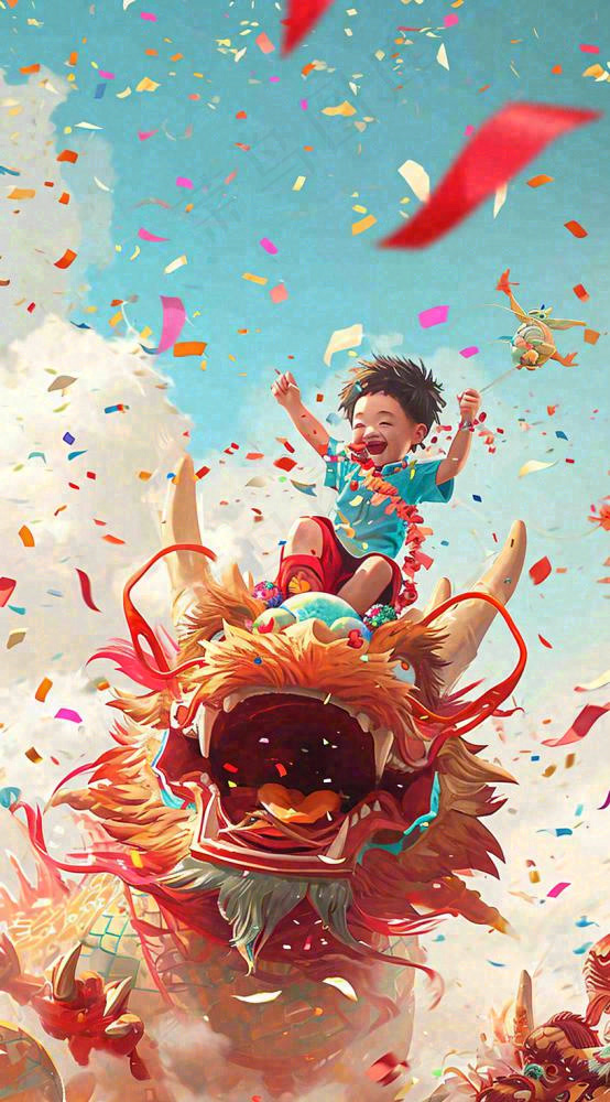 祥龙喜庆欢乐节日，蓝天白云儿童手绘插画(816x1472)