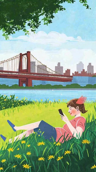 城市阳光蓝天白云人物在草地风景手绘插画，休闲