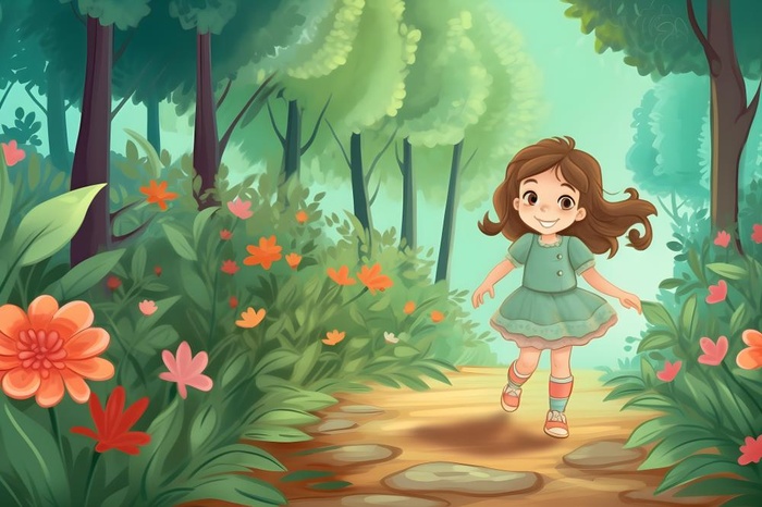 春天小女孩在森林里漫步奔跑草丛花手绘插画素材背景(5376x3584)