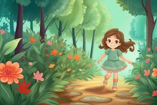 春天小女孩在森林里漫步奔跑草丛花手绘插画素材背景