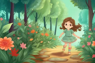 春天小女孩在森林里漫步奔跑草丛花手绘插画素材背景